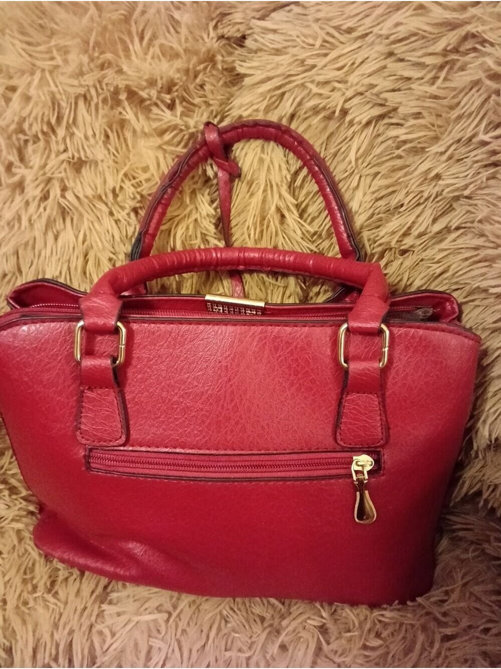Red Structured Satchel Tote Handbag Faux Leather Top Handle Purse Gold Hardware - Picture 2 of 10